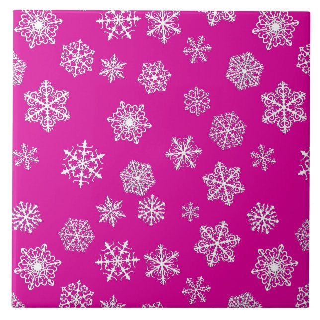 White 3-d snowflakes on a fuchsia pink background tile (Front)