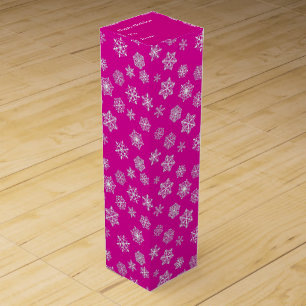 White 3-d snowflakes on a fuchsia pink background wine box