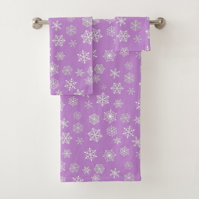 White 3-d snowflakes on a lilac background bath towel set (Insitu)