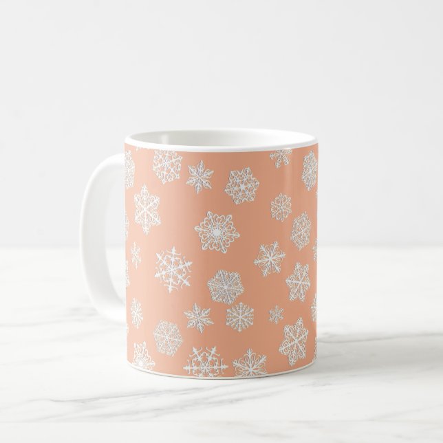 White 3-D Snowflakes on a Peach Background Coffee Mug (Front Left)