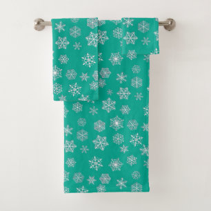 White 3-d snowflakes on a turquoise background bath towel set