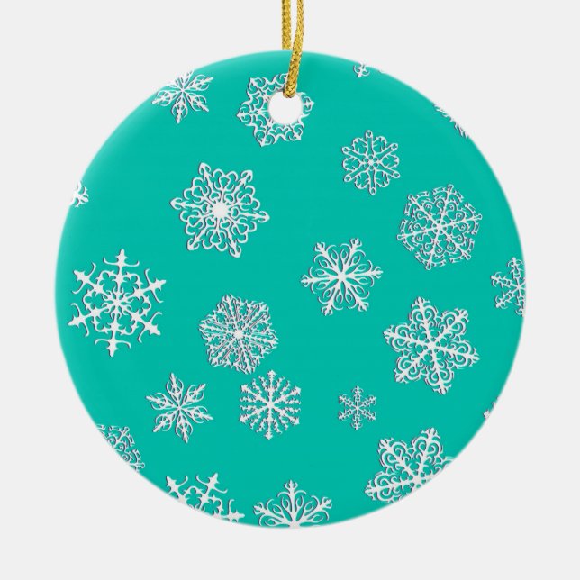 White 3-d snowflakes on a turquoise background ceramic ornament (Front)