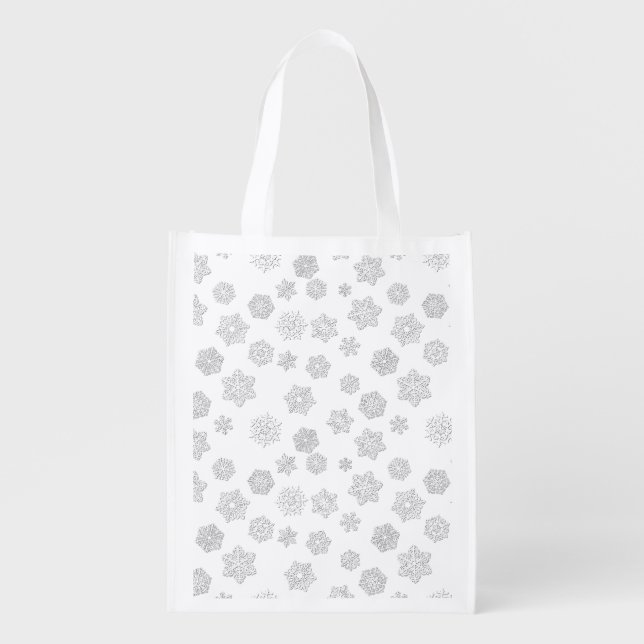White 3-d snowflakes on a white background grocery bag (Front)