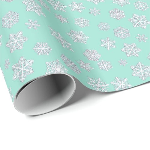 White 3_d snowflakes on an aqua background wrapping paper