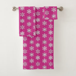 White 3-d Snowflakes on Deep Fuchsia Pink Bath Towel Set