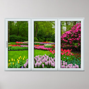 White 3 Pane Window Illusion Spring Garden Poster