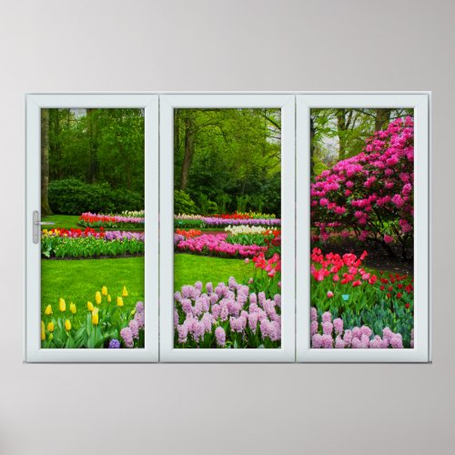 White 3 Pane Window Illusion Spring Garden Poster