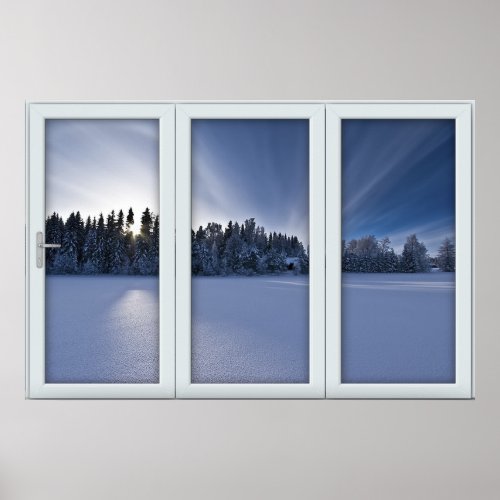 White 3 Pane Window Illusion Winter Scene Poster