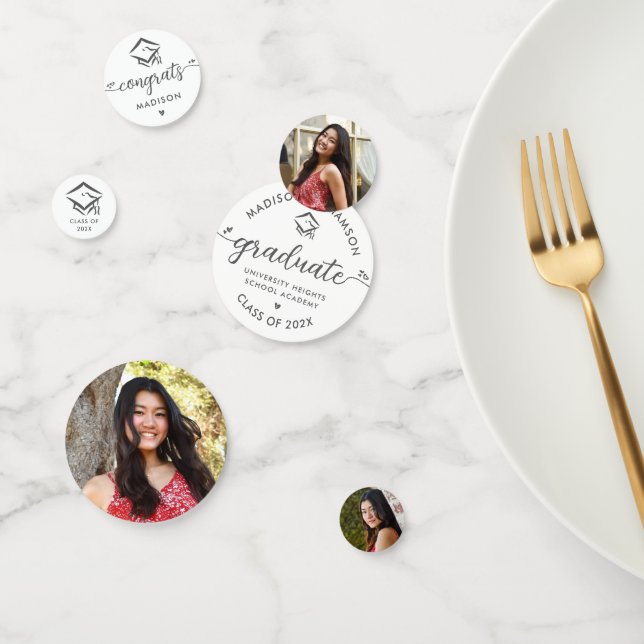 White 3 Photo Graduation Modern Script Hearts Cap Confetti (Group)