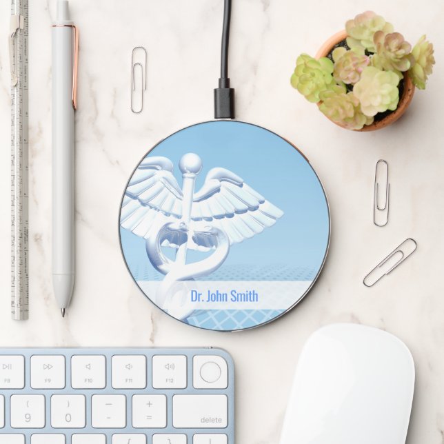 White 3D Caduceus Medical Blue Design Wireless Charger (Desk)