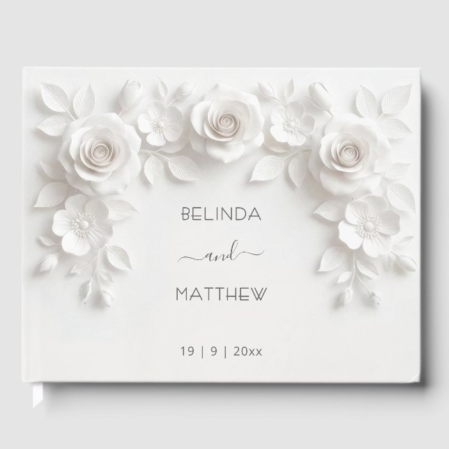 White 3D Floral Roses | Wedding Guest Book (Front)