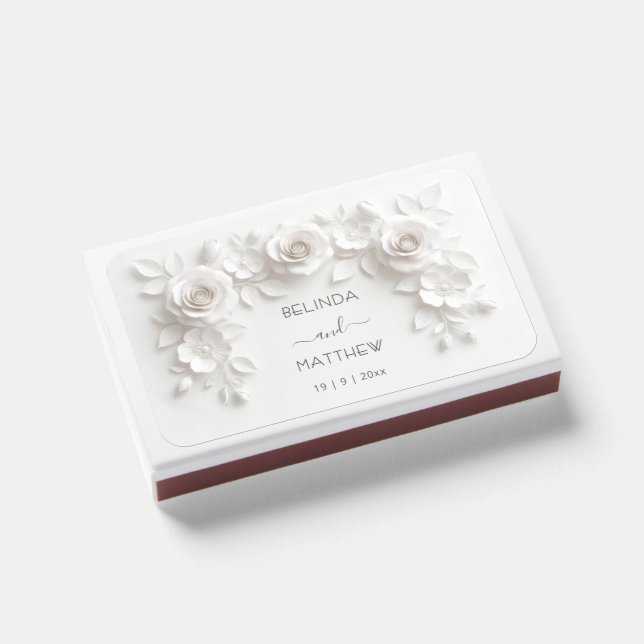 White 3D Floral Roses | Wedding Matchboxes (Front Closed)