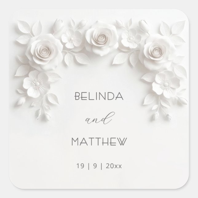 White 3D Floral Roses | Wedding Square Sticker (Front)
