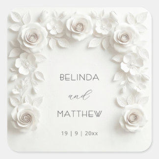 White 3D Floral Roses | Wedding Square Sticker