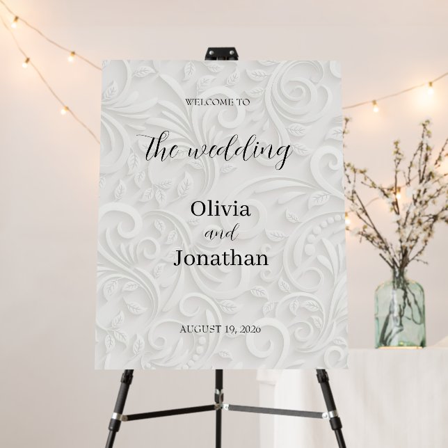White 3D Floral Wedding Welcome Sign Poster (In Situ (Stand))