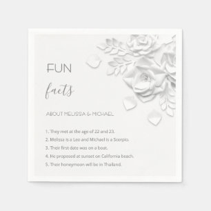 White 3D Flowers Roses Fun Facts Wedding Napkins