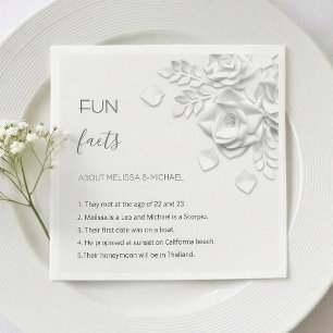 White 3D Flowers Roses Fun Facts Wedding Napkins