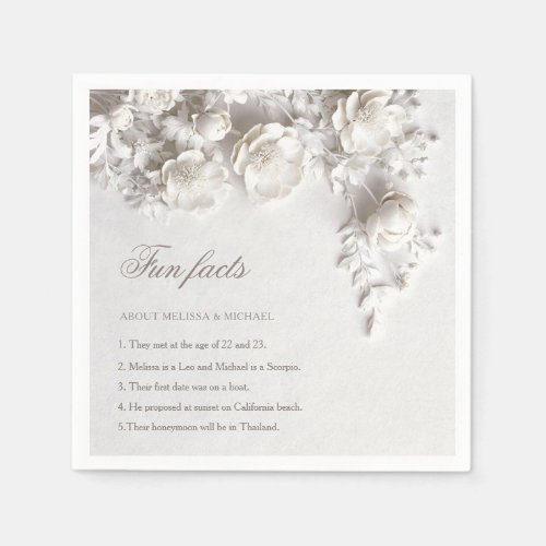 White 3D Flowers Roses Fun Facts Wedding Napkins