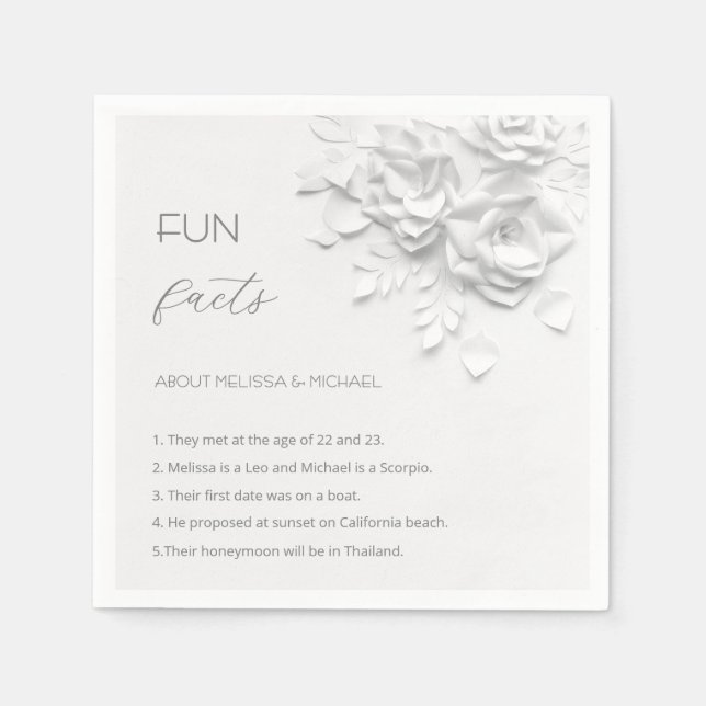 White 3D Flowers Roses Fun Facts Wedding  Napkins (Front)