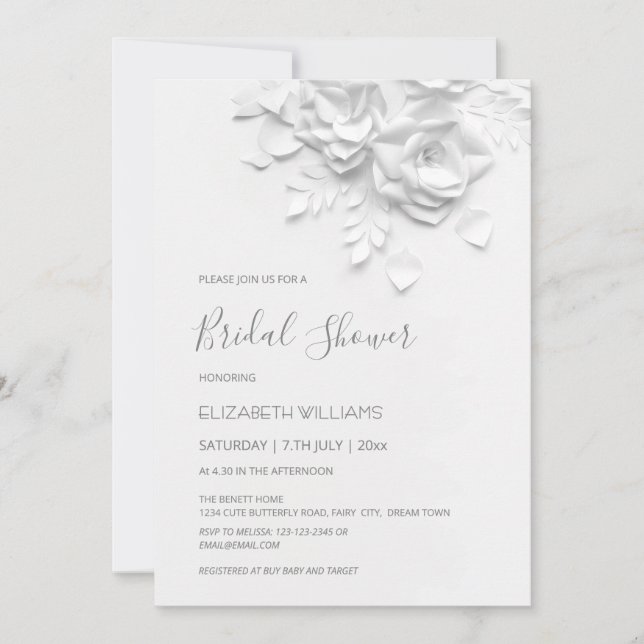 White 3D Flowers Roses Minimalist Bridal Shower  Invitation (Front)