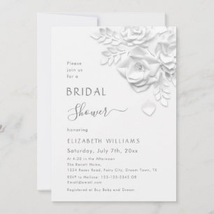 White 3D Flowers Roses Minimalist Bridal Shower Invitation