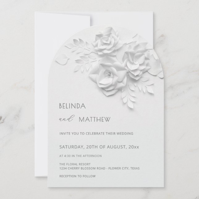 White 3D Flowers Roses Minimalist Wedding Invitation (Front)