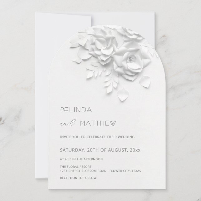 White 3D Flowers Roses Minimalist Wedding Invitation (Front)