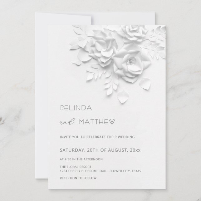 White 3D Flowers Roses Minimalist Wedding  Invitation (Front)