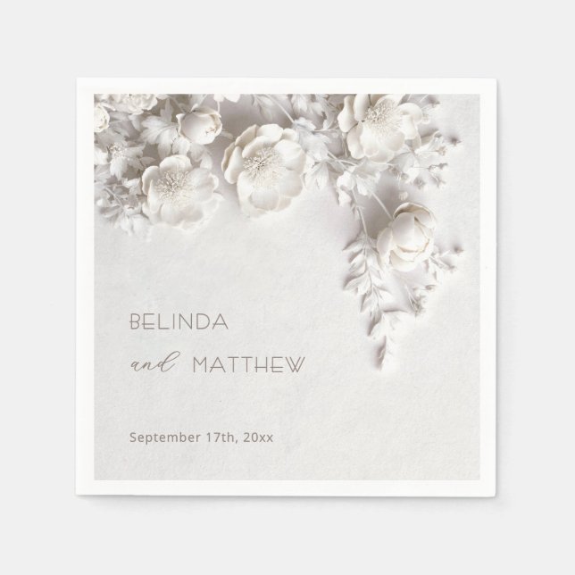 White 3D Flowers Roses Minimalist Wedding  Napkins (Front)