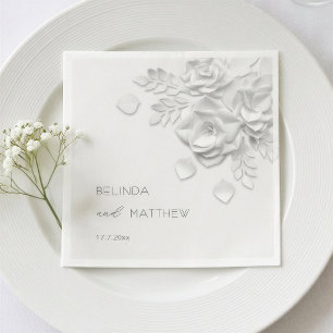 White 3D Flowers Roses Minimalist Wedding Napkins