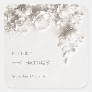 White 3D Flowers Roses Minimalist Wedding Square Sticker
