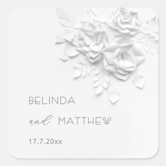White 3D Flowers Roses Minimalist Wedding  Square Sticker