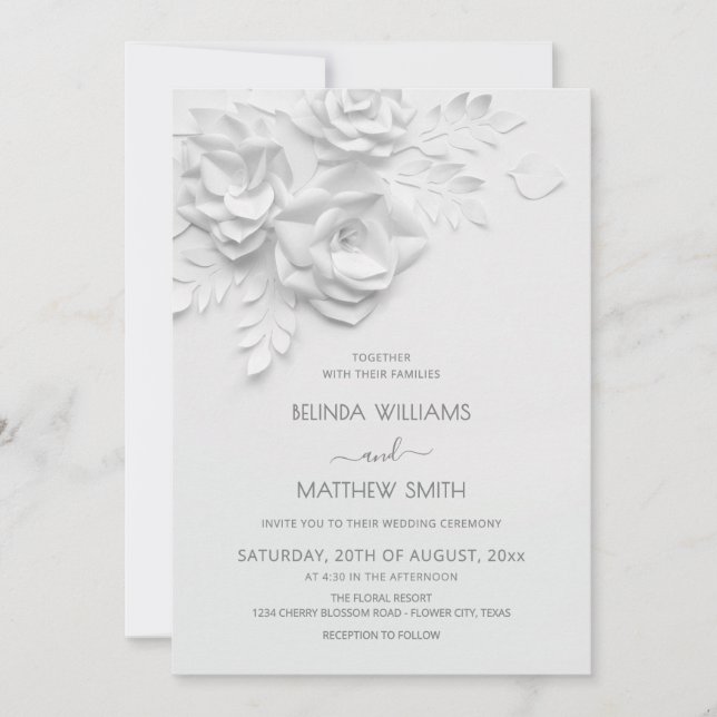 White 3D Flowers Roses Simple Wedding Invitation (Front)