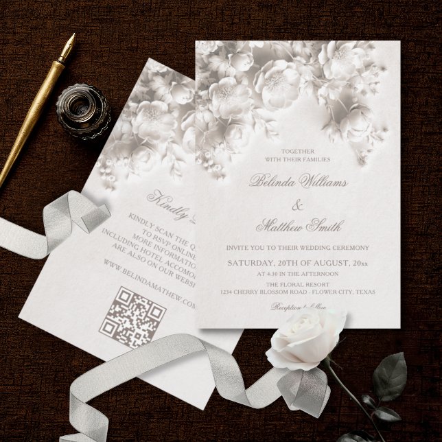 White 3D Flowers Vintage Wedding Invitation (Creator Uploaded)