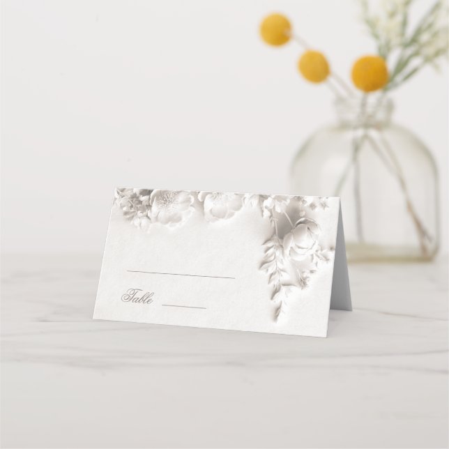 White 3D Flowers Wedding Place Card (Front)
