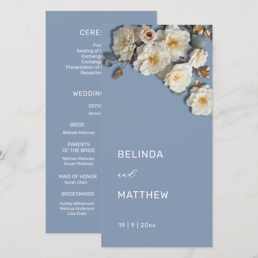 White 3D Roses Dusty Blue | Wedding Program