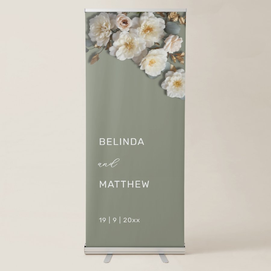 White 3D Roses Sage Green | Retractable Banner