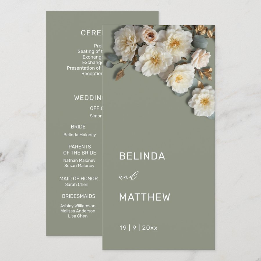 White 3D Roses Sage Green | Wedding Program