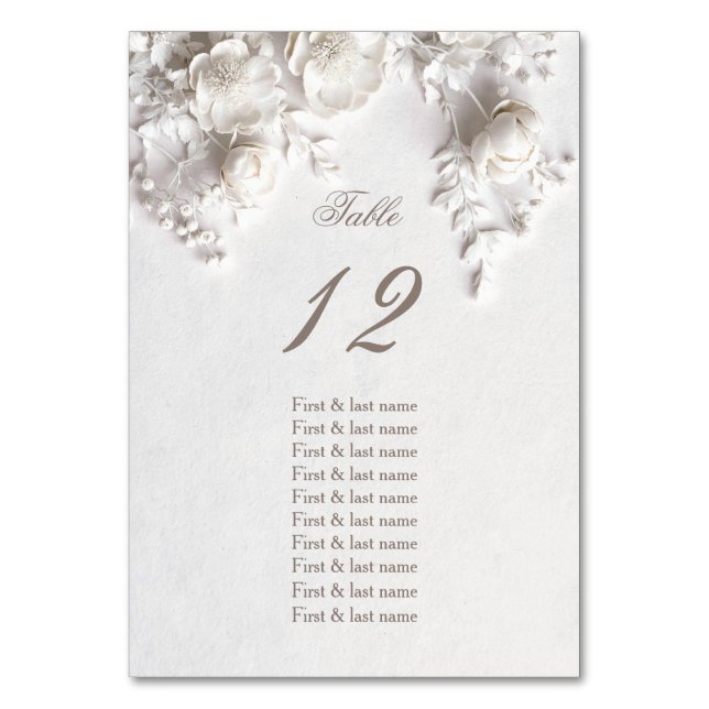 White 3D Roses Wedding Guest Names  Table Number (Front)