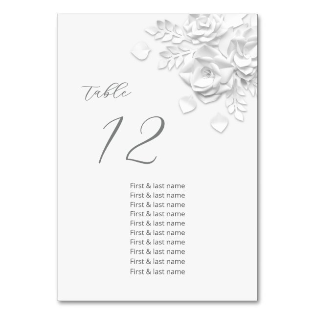 White 3D Roses Wedding Guest Names  Table Number (Front)