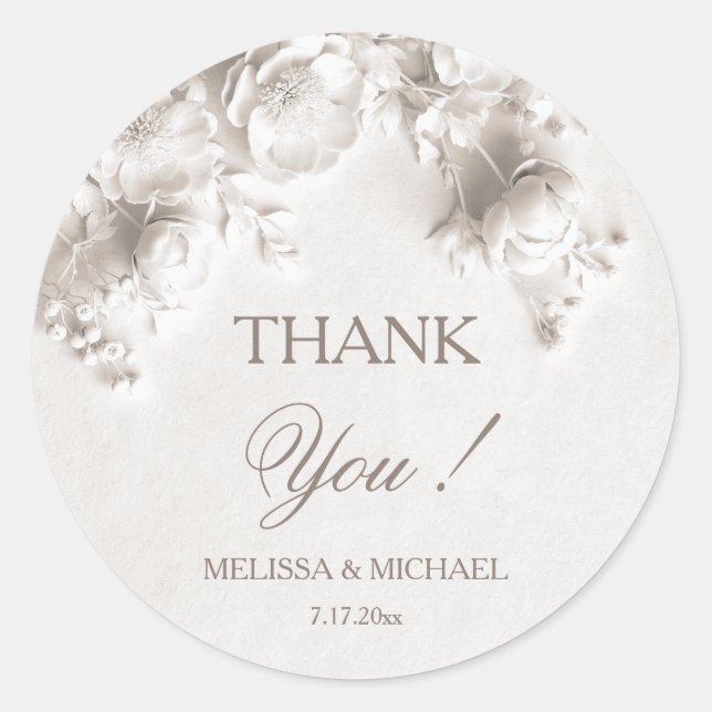 White 3D Roses Wedding Thank You Classic Round Sticker (Front)