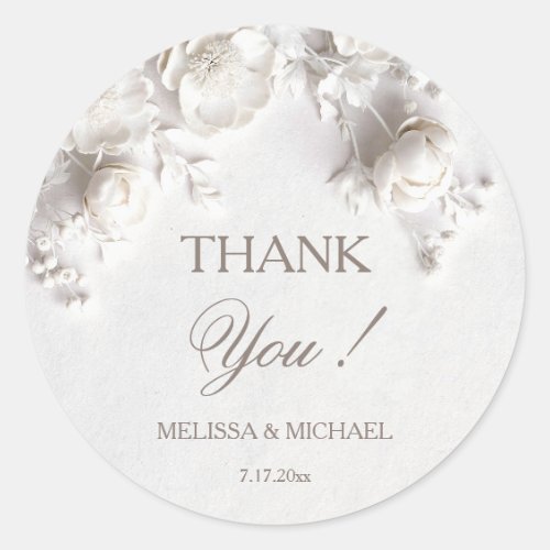 White 3D Roses Wedding Thank You Classic Round Sticker