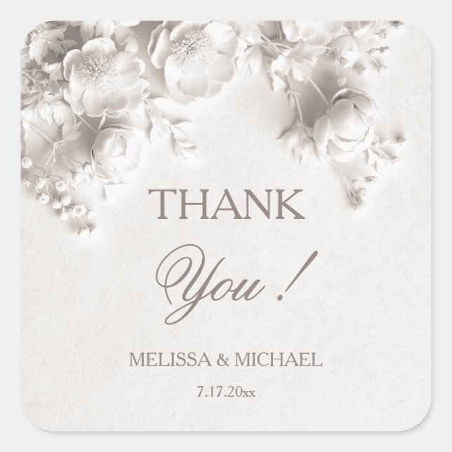 White 3D Roses Wedding Thank You Square Sticker (Front)