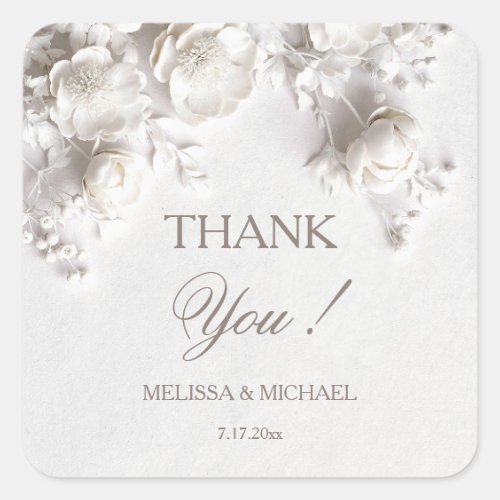 White 3D Roses Wedding Thank You Square Sticker