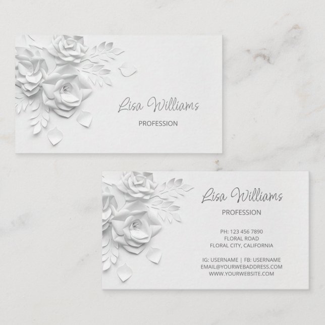 White 3D Simple Flowers Business Card (Front/Back)
