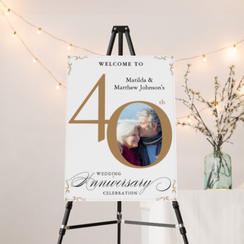 White 40th Anniversary Gold Photo Elegant Welcome Foam Board