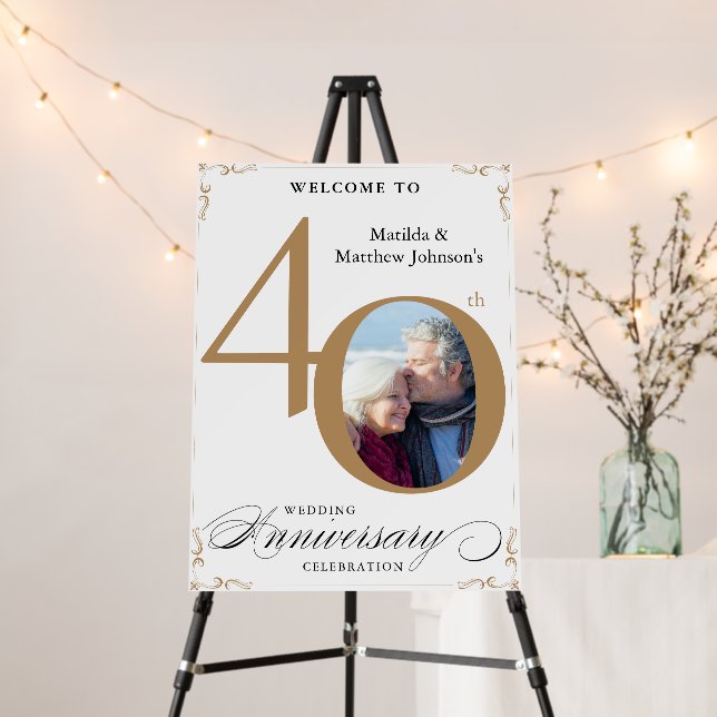 White 40th Anniversary Gold Photo Elegant Welcome Foam Board (In Situ (Stand))