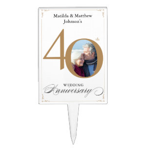 White 40th Anniversary Gold Script Elegant Photo Cake Topper