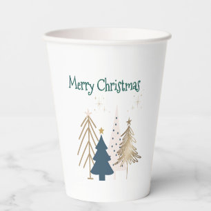White 4 Green Pink Gold Christmas Trees Party Paper Cups