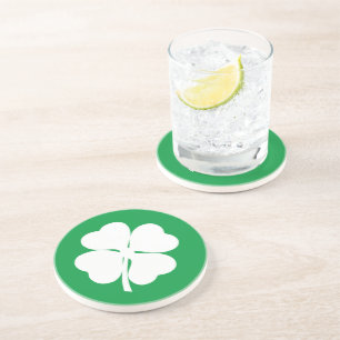 White 4 Leaf Shamrock Sandstone Coaster